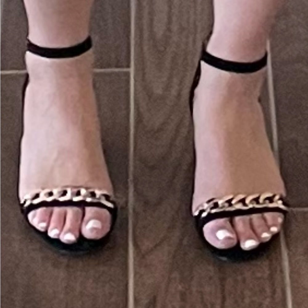 Black faux suede low heel ankle strap with gold over toes